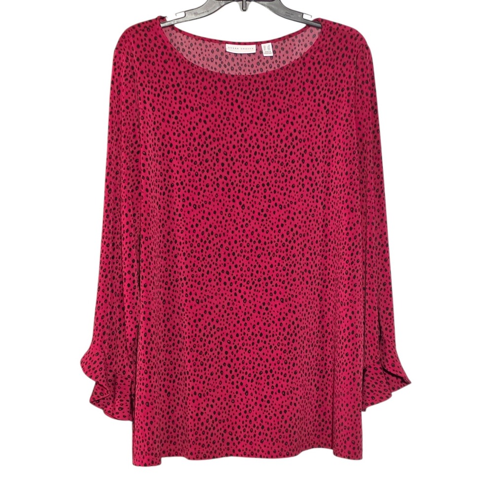 Susan Graver 2X Tunic Red Black Animal Print Ruffle Bell Sleeve Liquid knit